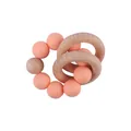 Baby teething ring with pink silicone beads and natural beech wood circles for sensory play - Rose Pink