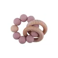 DIY baby teether bracelet with soft pink silicone beads and polished beech wood rings - Dusty Rose