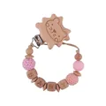 Pink crochet baby pacifier clip with beech wood lion and BABY letter beads - Pink