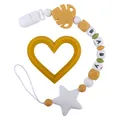 Silicone heart teether set with yellow star beads and pacifier clip for infants - Turmeric