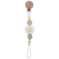 Schnullerkette aus Buchenholz und Silikon mit weißem Gänseblümchen und Blättern - Beige