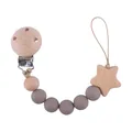 Grey silicone and beech wood baby pacifier clip with star decoration on white background - Dark Taupe