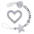Baby teething set with grey silicone heart ring and star leaf dummy clip beads - Gray