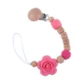 Pink rose beech wood pacifier clip with crochet beads and engraved baby lettering - Rose Red