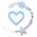Blue silicone pacifier clip with BABY letter beads and heart-shaped baby teether set - Blue