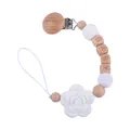 Attache-tétine fait main en bois de hêtre avec fleur en silicone et perles BABY - Blanc