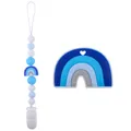 Blue silicone rainbow teether set with matching beaded pacifier clip for baby soothing - Blue Set