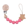 Pink silicone and beech wood baby pacifier clip with star pendant and round wooden beads - Watermelon red