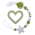 Sage green baby pacifier chain with silicone monstera leaf and heart teether set - Avocado Green