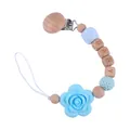 Personalized beech wood pacifier clip with blue silicone flower and BABY letter beads - Blue