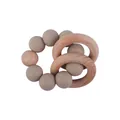 Silicone and beech wood baby teether ring with taupe beads and natural wooden rattles - Khaki