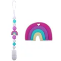 Rainbow silicone baby teether with colorful beaded pacifier clip set in pink and blue - Purple Jewelry Set