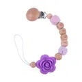 Pink and purple baby pacifier clip with wood beads, silicone rose and BABY letters - Purple