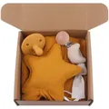 Set de regalo para bebé con mantita de estrella, chupete de silicona y clip de madera - Amarillo jengibre