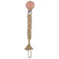 Handgefertigte Schnullerkette aus khakifarbenem Makramee mit Buchenholzclip - Champagner