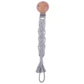 Handgefertigte graue Macramé-Schnullerkette mit Clip aus Buchenholz für Babys - Grau