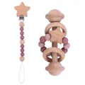 Beechwood baby teething set with star clip and rattle in pink silicone and natural wood - Mauve Set