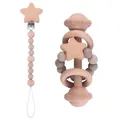 Star-shaped beech wood pacifier clip and silicone rattle set in beige and natural wood - Taupe