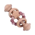 Beech wood and pink silicone bead baby rattle teether with a wooden star toy - Dark Mauve