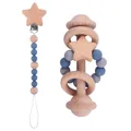 Blue silicone and beech wood baby pacifier clip and star teether rattle set - Ink Blue