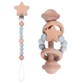 Attache-tétine étoile en hêtre et hochet en silicone bleu clair et gris marbré - Costume Bleu Gris