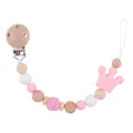 Pink silicone crown baby pacifier clip with beech wood beads and knit detail - Pink