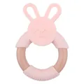Pink rabbit silicone and natural wood teething ring for infants with textured grip - Light Pink