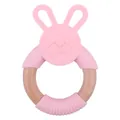 Pink silicone rabbit and natural beech wood teething ring for infant sensory grip - Pink
