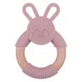 Pink silicone bunny teether with natural beech wood ring for infant teething relief - Dusty Rose