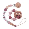 Baby pacifier clip and silicone teether set in dusty pink and natural beech wood - Light Bean Paste Set