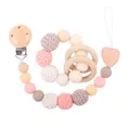 Pink and beige macaron-colored wooden pacifier clip and crochet bead teething ring set - Pink Jewelry Set