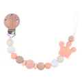 Pacifier clip with beech wood, pink crown silicone beads and a crochet ball - Rose Pink