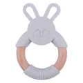 Baby teething ring featuring a grey silicone bunny and smooth natural beech wood - Light Gray