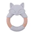Anneau de dentition bébé en silicone gris clair forme renard avec bois de hêtre naturel - Gris clair