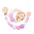 Pink and lilac baby pacifier clip set with knit beads and wooden teething rings - Purple Jewelry Set