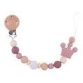 Morandi pink beech wood pacifier clip with silicone crown teether and knitted bead - Dusty Rose
