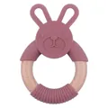 Pink silicone bunny teether with natural wooden ring and textured grip for babies - Dark Mauve