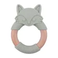 Anneau de dentition bébé avec renard en silicone gris-vert et anneau en bois de hêtre - Vert Haricot