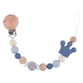 Blue crown silicone and beech wood baby pacifier clip with crochet beads strap - Dark Blue