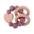 Beech wood and silicone baby teether with pink beads and a heart-shaped rattle - Dark Mauve