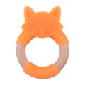 Anneau de dentition bébé avec renard en silicone orange et poignée en bois de hêtre - Orange