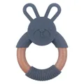 Baby teething ring with grey silicone rabbit and natural beech wood circle for infant grip - Dark Gray