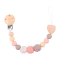Pink crochet and wooden bead baby pacifier clip with a heart pendant and metal clasp - Pink Pacifier Clip