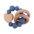Anello da dentizione in silicone blu con cuore in faggio e anelli in legno incastrati - Blu Scuro