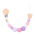 Handmade baby pacifier clip with pink crochet beads and natural wooden heart - Purple Pacifier Clip