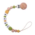 Green and yellow silicone baby pacifier clip with beech wood beads and BABY letter charms - Avocado Green Pacifier Clip