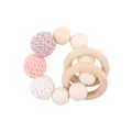 Handmade wooden baby teether rattle with macaron pink and cream crochet beads - Pink Teether