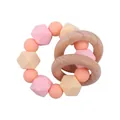 Pink and orange silicone teether ring with octagonal beads and smooth beech wood rings - Pink Teether
