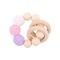 Natural beech wood baby teether with white, pink, and purple crochet beads and rings - Purple Teether