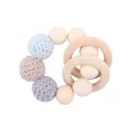 Blue and beige crochet beads with wooden teething rings for baby sensory play - Gray Teether